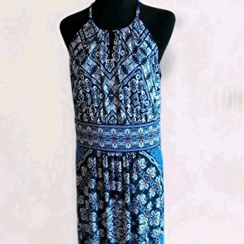 London Style Collection Women Maxi Dress Sz 12 Floral Sleeveless Keyhole Halter